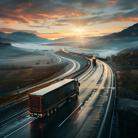 Truck with cargo on the highway at sunset. Concept of freight transportation.の素材