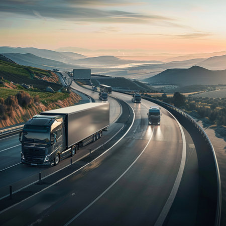 Truck driving on the highway at sunset. Concept of logistics and transportation.の素材