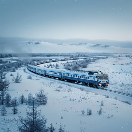 The high-speed train moves along the snow-covered road.の素材