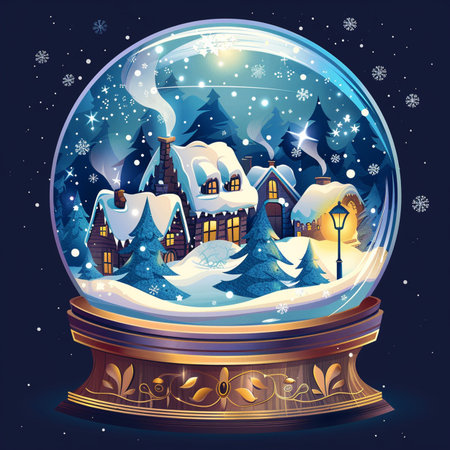 Snow globe with christmas town in the snow. Vector illustration.のイラスト素材