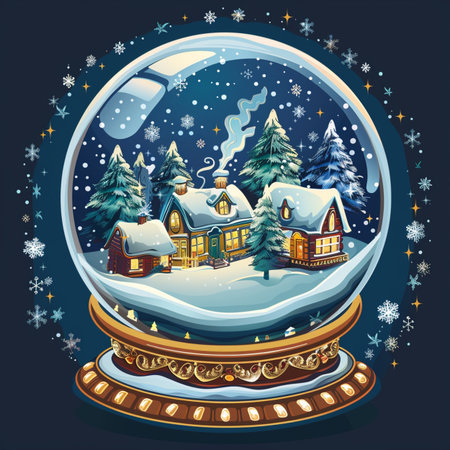 Snow globe with houses, trees and snowflakes. Vector illustration.のイラスト素材