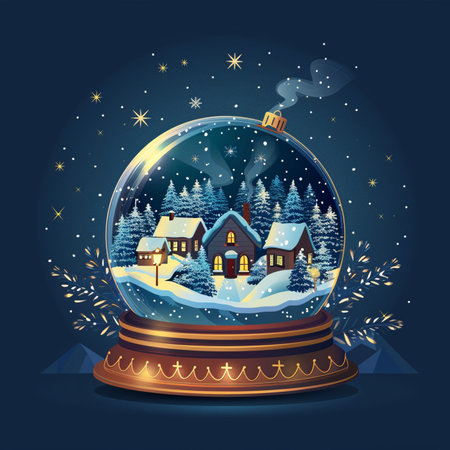 Snow globe with christmas village on blue background. Vector illustration.のイラスト素材