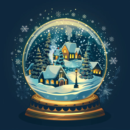 Snow globe with houses and christmas trees in the snow. Vector illustration.のイラスト素材