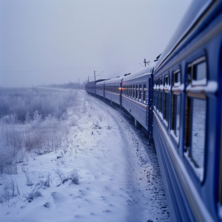 Train in the winter. Railway in the winter. Railway in winter.の素材