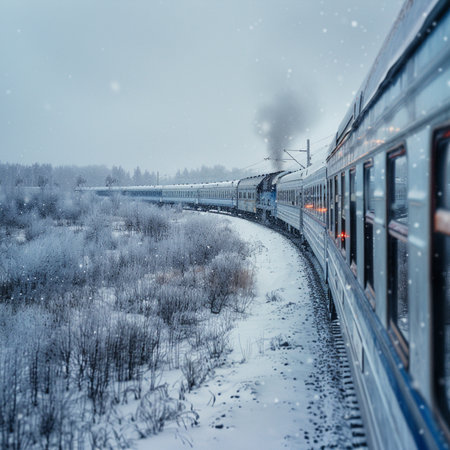 The train moves along the railway in winter. The train moves along the rails.の素材