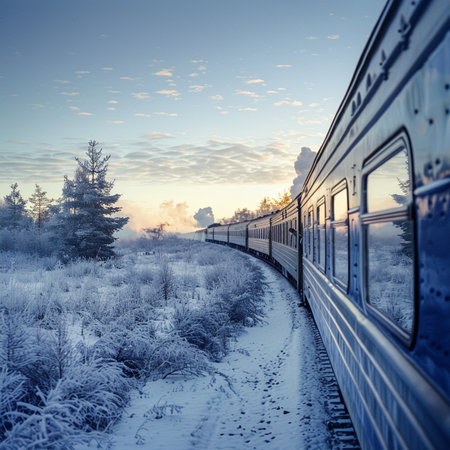 Train in the winter forest. Railway in the winter forest. Beautiful winter landscape.の素材