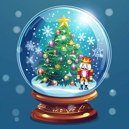 Snow globe with Christmas tree and elf on blue background. Vector illustration.のイラスト素材