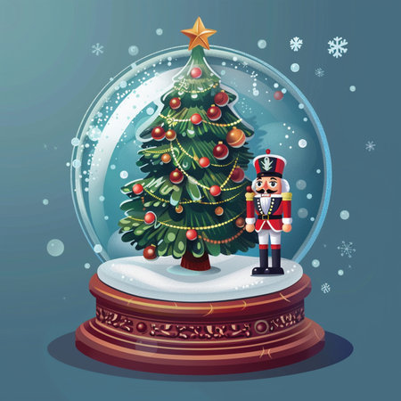 Snow globe with nutcracker and Christmas tree. Vector illustration.のイラスト素材