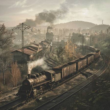 Old steam locomotive on the railway track in the misty morningの素材