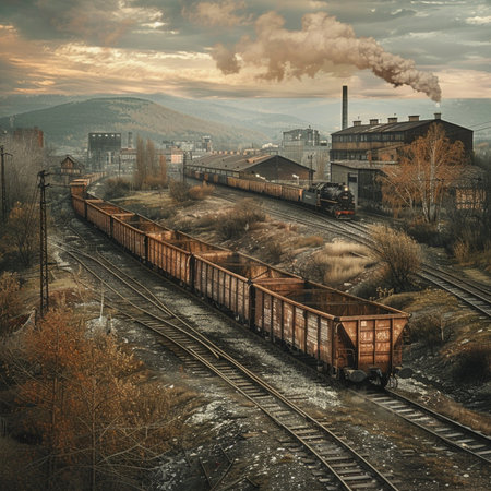 Railway station in the mountains at sunset. Retro style tonedの素材