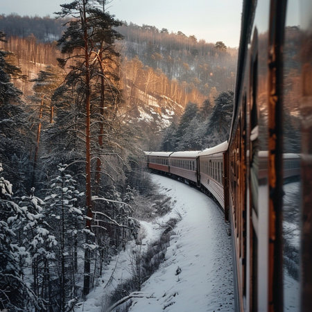 Train in the winter forest. Traveling by train in winter.の素材
