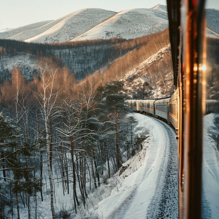 The train goes through the snow-covered forest in the mountains.の素材