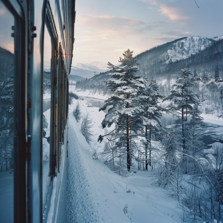 Train in the Carpathian mountains at sunset. Beautiful winter landscape.の素材