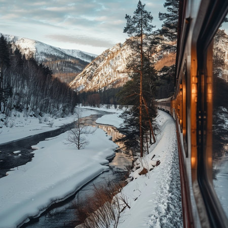 Train on the background of the mountains and the river in the winterの素材