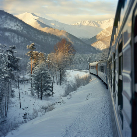 Train in the mountains at sunset. Winter landscape. Carpathians, Ukraine.の素材