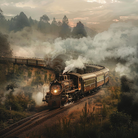 Steam locomotive in the foggy forest at sunset. Vintage styles.の素材