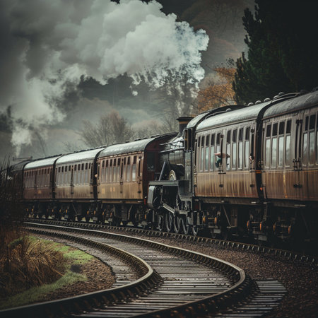 Old steam locomotive with smoke coming out of it. Vintage styles.の素材