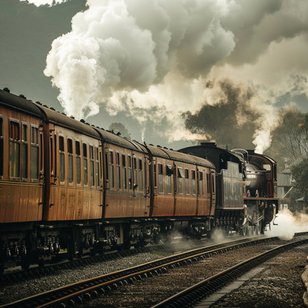 Vintage steam train in the morning. Retro style toned imageの素材