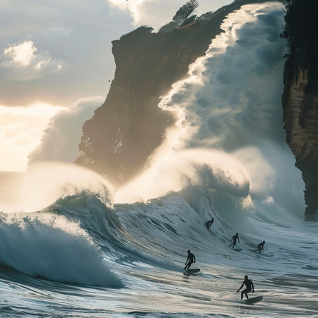 Surfer on big ocean wave at sunset, Bali island, Indonesiaの素材