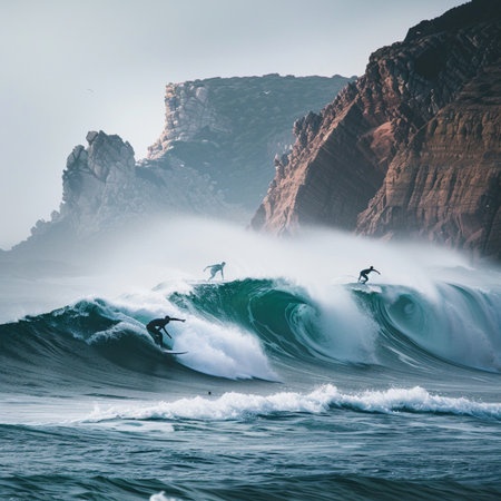 Surfer on the ocean wave on a cloudy day. Toned.の素材