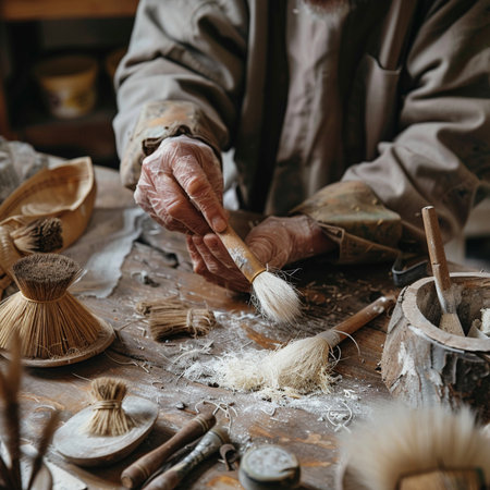 Close-up of the hands of an old potter with a brush.の素材