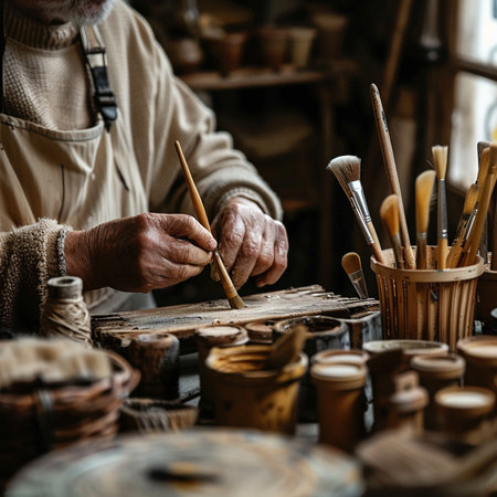 Close-up of an old potter working in his workshop.の素材