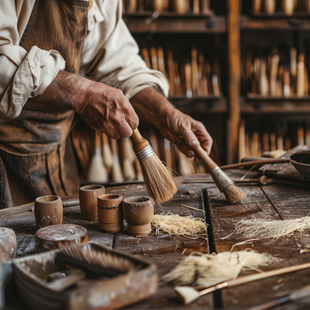 Close-up of the hands of a craftsman working in his workshopの素材