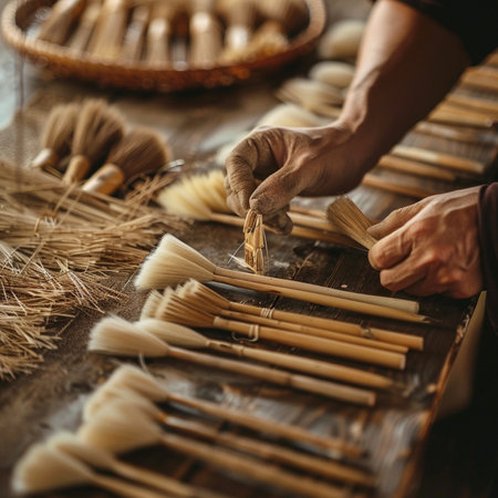 Close-up of male hands working with bamboo broom in workshop.の素材