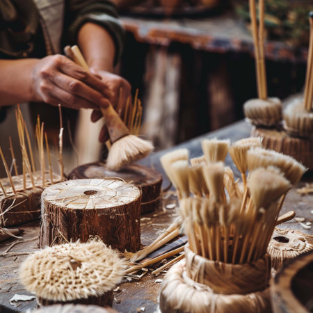 Close-up of a woman's hands making incense sticks.の素材