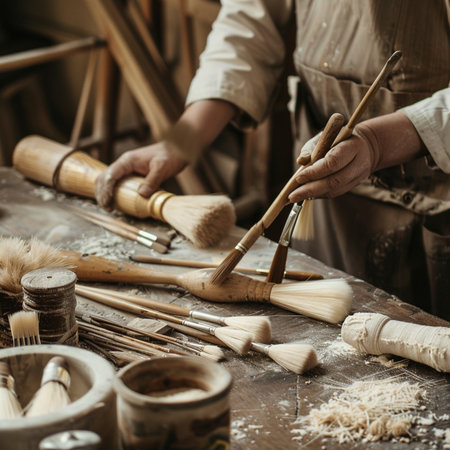 Carpenter working in his studio. Close up of male hands holding paint brushes.の素材