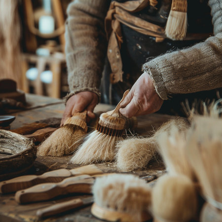 Close up of hands of a craftsman with tools in his workshopの素材