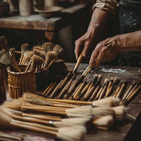 Close-up of hands of craftsman working with brushes in workshopの素材