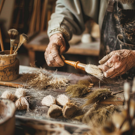 Close-up of the hands of a craftsman who is working in his workshopの素材