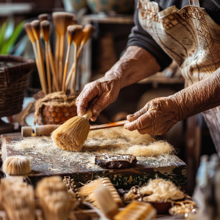 Close-up of the hands of a craftsman working in his workshopの素材