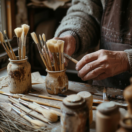 Close-up of a potter's hands working in his workshopの素材