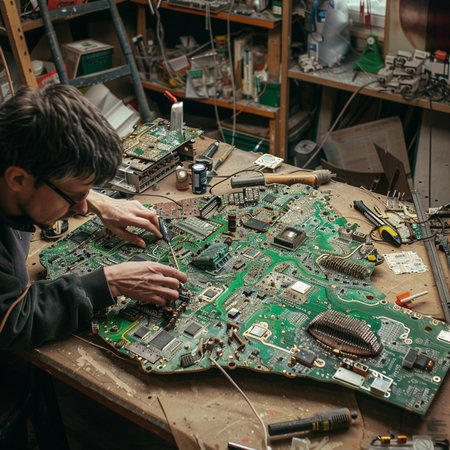 Technician repairing electronic circuit board in workshop. Man working on computer.の素材