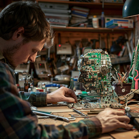 Repairman repairing electronic circuit in his workshop. Selective focus.の素材