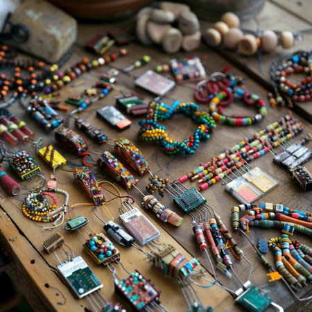 Colorful bracelets and necklaces on a wooden table.の素材