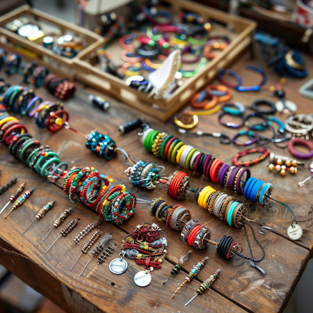 Colorful bracelets on a wooden table in a bazaar.の素材