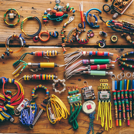 Colorful bracelets and necklaces on a wooden background.の素材