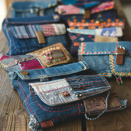 Denim jeans with embroidery on a wooden table, closeupの素材