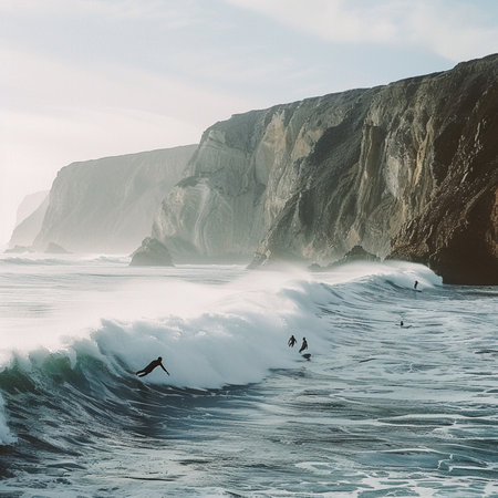Beautiful seascape with surfers and cliffs. vintage filter.の素材