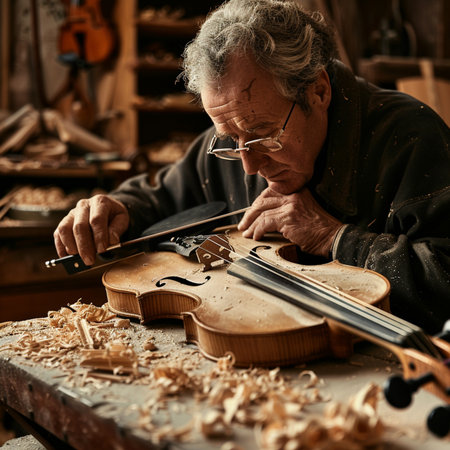 Old man repairing a violin in his workshop. Selective focus.の素材