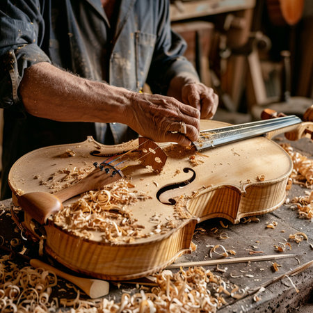 Close-up of a violin being played by a carpenter.の素材