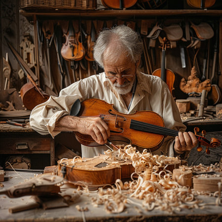 Old craftsman working with a violin in his workshop. Woodworking concept.の素材