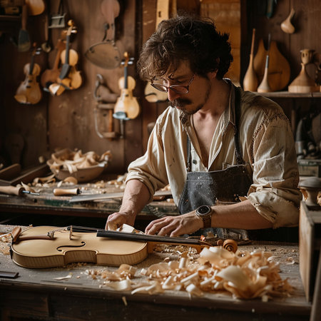 Carpenter working in his workshop. Craftsman is repairing a violin.の素材