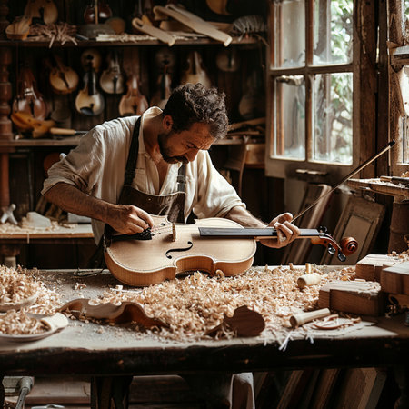 Portrait of a craftsman working with a violin in his workshopの素材