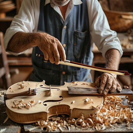 Close-up of a craftsman working with a violin in his workshopの素材