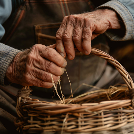 Closeup of an elderly man's hands holding a basket with strawの素材