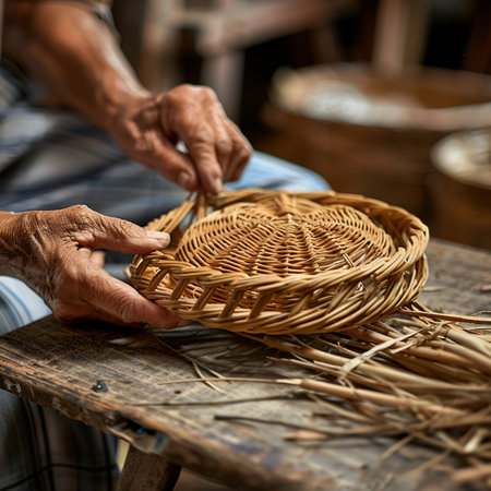 Old woman hands weaving a wicker basket on an old wooden tableの素材